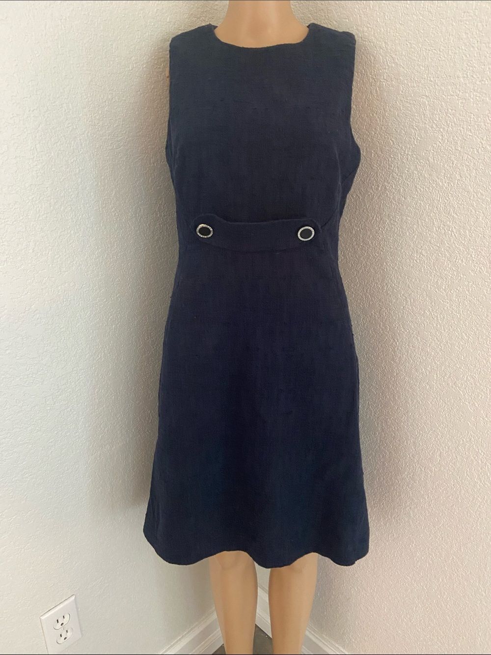 Vtg Tory Burch Navy Tweed Sleeveless Dress with Grommet Waist sz 8 cotton blend